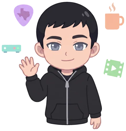 Flat pastel illustration of Carlos Andreu waving, surrounded by a Texas outline, a tiny server, coffee, and a film reel.
