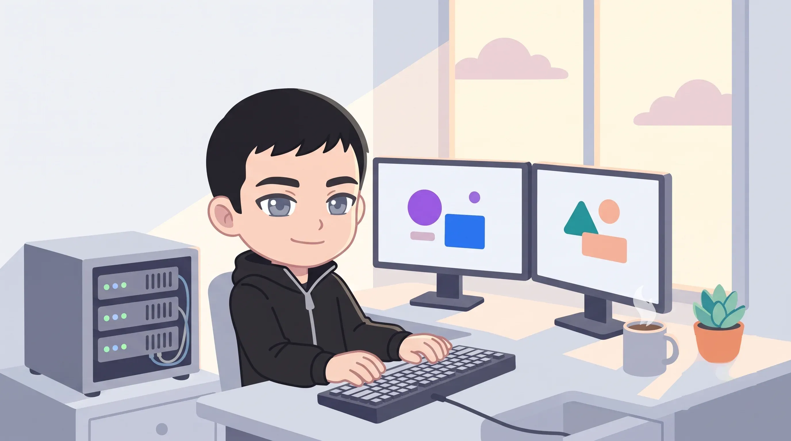 Flat pastel illustration of Carlos at a cozy desk — two monitors, a small homelab rack with glowing LEDs, coffee, and a sunny window.