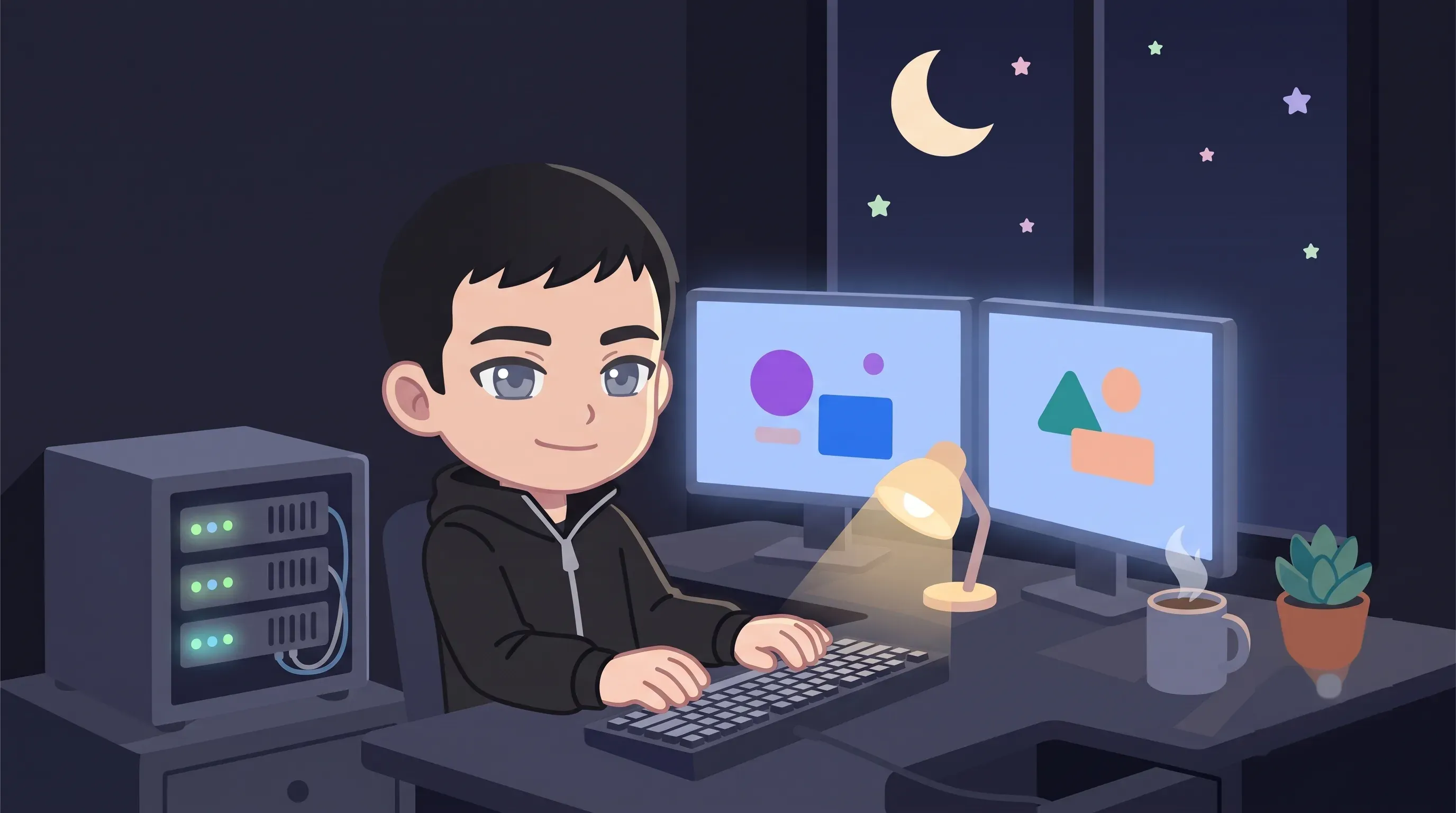 The same desk scene at night — moonlit window, warm desk lamp, monitors and server LEDs glowing.